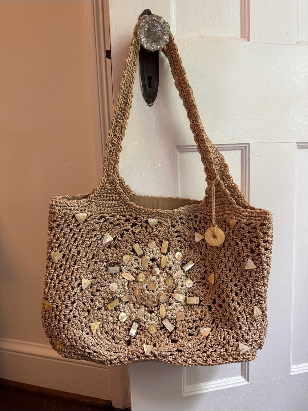 NEW The Sak Tan Crochet Tote with Central Medallion Embellishment